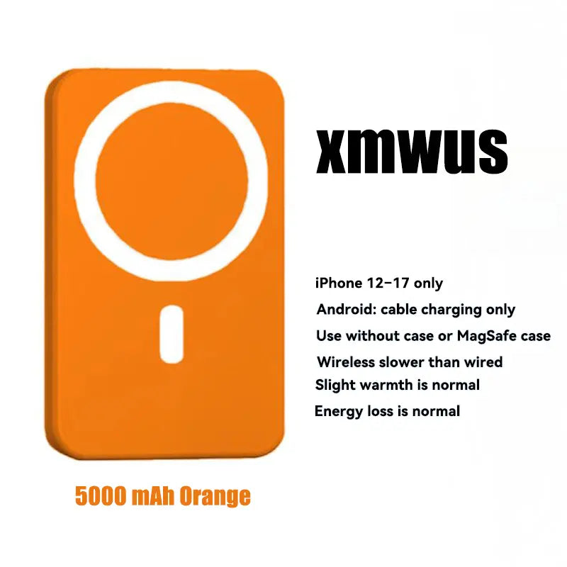 5000mAh Magnetic Power Bank for iPhone 12–17 Series, Works Best with MagSafe Case or No Case, Portable Wireless Charger outdoorfun - Color: 5000mAh Orange