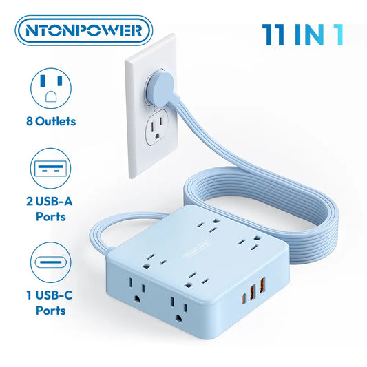 NTONPOWER Flat Extension Cord, 11-in-1  Power Strip with Surge Protector, 8 Outlets & 3 USB Ports, 3-Prong, Wall-Mount Outlet Extender, Indoor Multiple Outlets for Home & Office