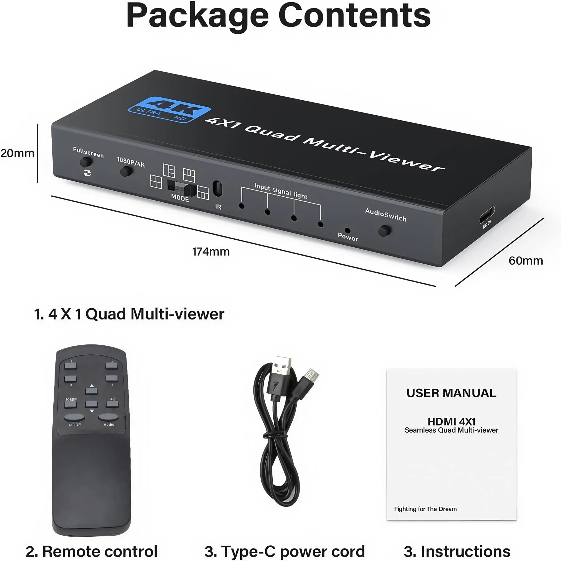 ACHAVE HDMI Multiviewer Switch 4x1 Quad Multi-Viewer 4 in 1 Out Seamless Switching with Remote Control 1080P/4K 5 Display Modes for Security Camera Gaming Consoles