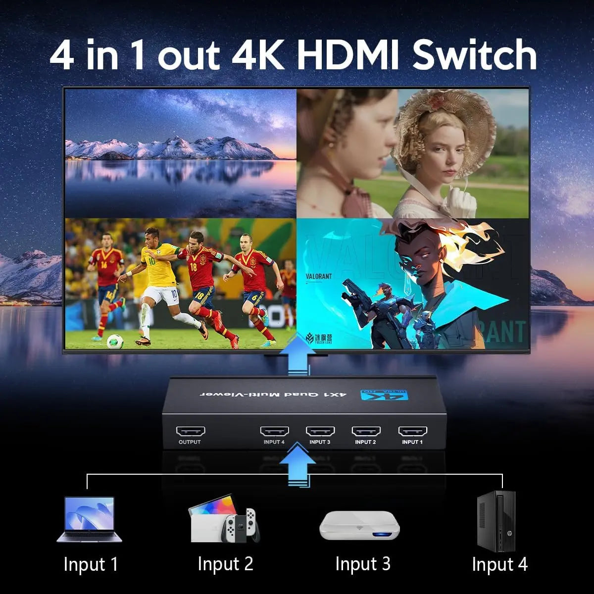 ACHAVE HDMI Multiviewer Switch 4x1 Quad Multi-Viewer 4 in 1 Out Seamless Switching with Remote Control 1080P/4K 5 Display Modes for Security Camera Gaming Consoles