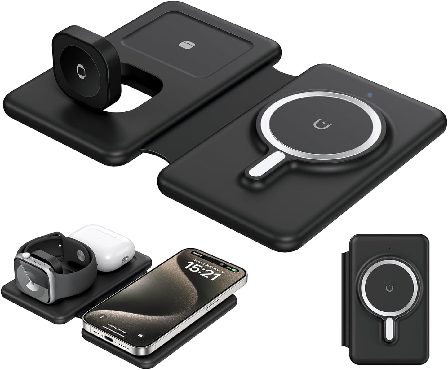 Wireless Charger for iPhione: 3 in 1 Foldable Charging Station Compatible for iphone 15/14/13/Pro/Max& iWatch Series& AirPods 3/2/Pro, Black