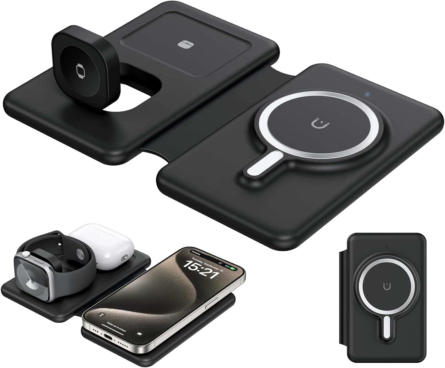 Wireless Charger for iPhione: 3 in 1 Foldable Charging Station Compatible for iphone 15/14/13/Pro/Max& iWatch Series& AirPods 3/2/Pro, Black