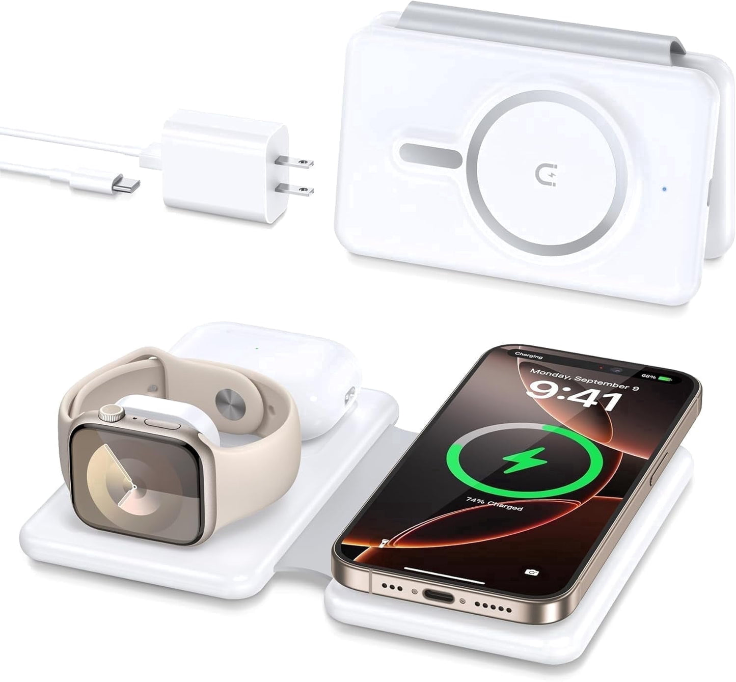 Wireless Charger for iPhione: 3 in 1 Foldable Charging Station Compatible for iphone 15/14/13/Pro/Max& iWatch Series& AirPods 3/2/Pro, Black - actual_color: white