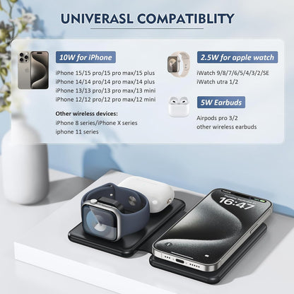 Wireless Charger for iPhione: 3 in 1 Foldable Charging Station Compatible for iphone 15/14/13/Pro/Max& iWatch Series& AirPods 3/2/Pro, Black